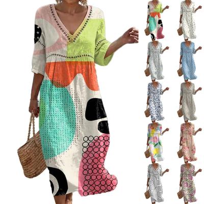 Women's V-Neck Midi Dress Floral Print Casual Summer Beach Sundress