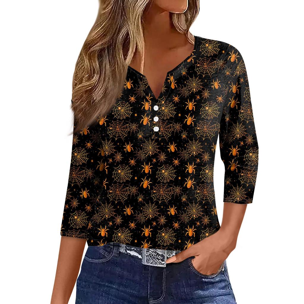 Women's Fashion Casual Halloween Printed V.Neck Short Sleeve Decorative Button Three.quarter Sleeve T-shirt Tor