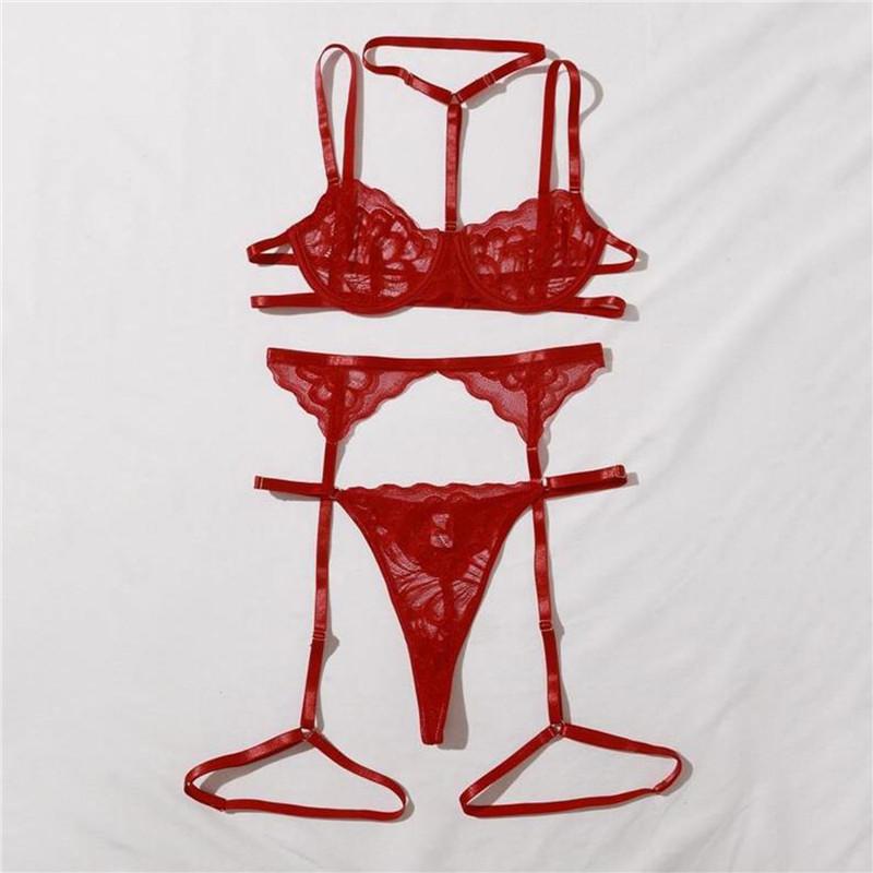 Women Sexy Solid Perspective  Underwear Set Lace Lingerie Set Lady'S Bra And Panty Garters See Through Lingerie Sets
