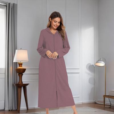 Nachthemd mit Reißverschluss für Damen, lange Ärmel, lockere, reine Farbe, mit Taschen, wadenlange Loungewear mit Kapuze, für den Alltag, für zu Hause, im Schlafzimmer