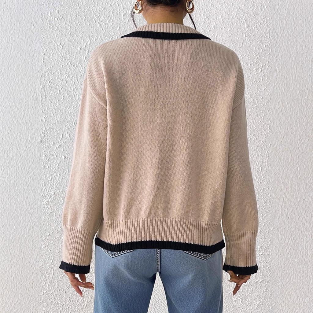 Women Solid Color Floral Embroidered Sweater Contrast Polo Collar Long Sleeve Loose Fit Knit Top