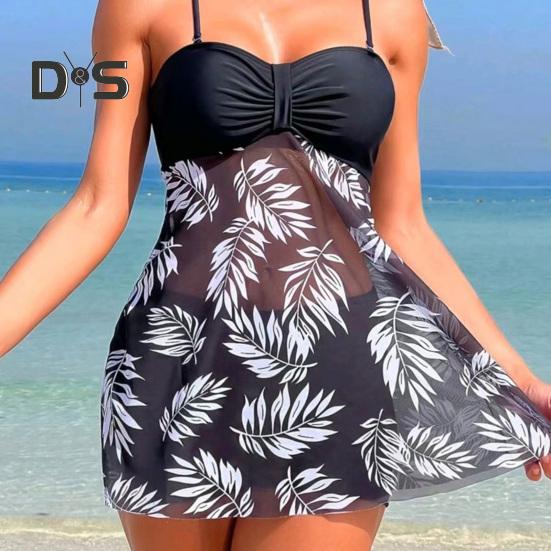 2Pcs/Set Tankini Set Adjustable Straps Padding Underwire Bandeau Tops Boxer Briefs Set Mesh Splicing Design Beach Swimwear