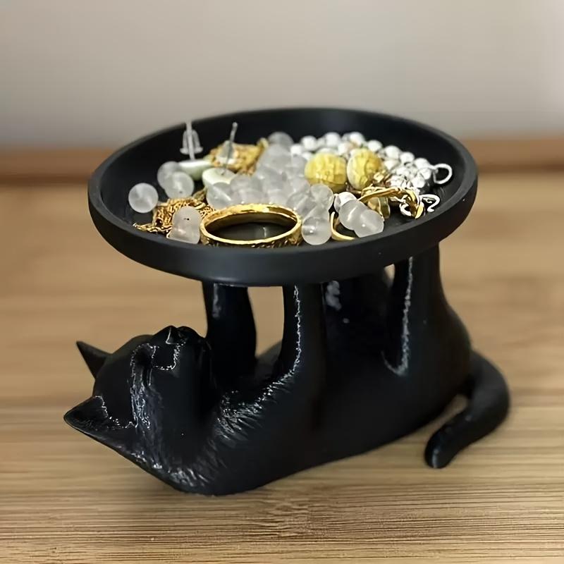 Süße Schwarze Katze Schmuckschale Harz Katze Schmuckschale Mini Tier Tablett für Ringe Ohrringe Schlüssel Schminktisch Organizer Heimdeko