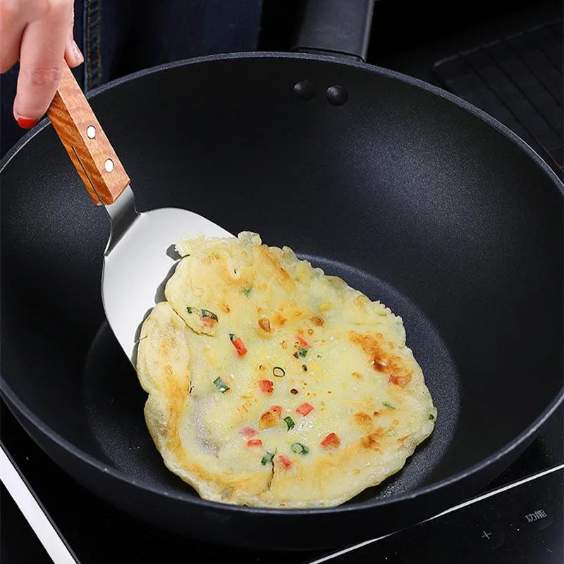 Stainless Steel Wooden Handle Teppanyaki Shovel Non-Slip Frying Fish Pancake Turners Kitchen Cooking Utensils