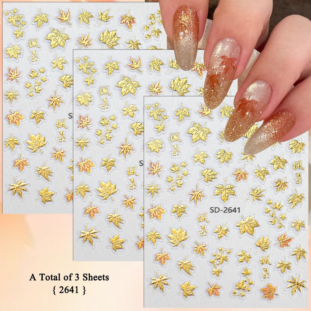 3 to 30 Sheets Autumn Maple Leaves Nail Stickers 5D Embossed Gold Foil Fall Leaf for Nails, Self-Adhesive DIY Manicure Art