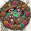 2D Vintage Day of the Dead Skeleton Couple Metal Sign Round Printed Iron Art Wreath Home Bar Wall Decor Halloween Housewarming Gift