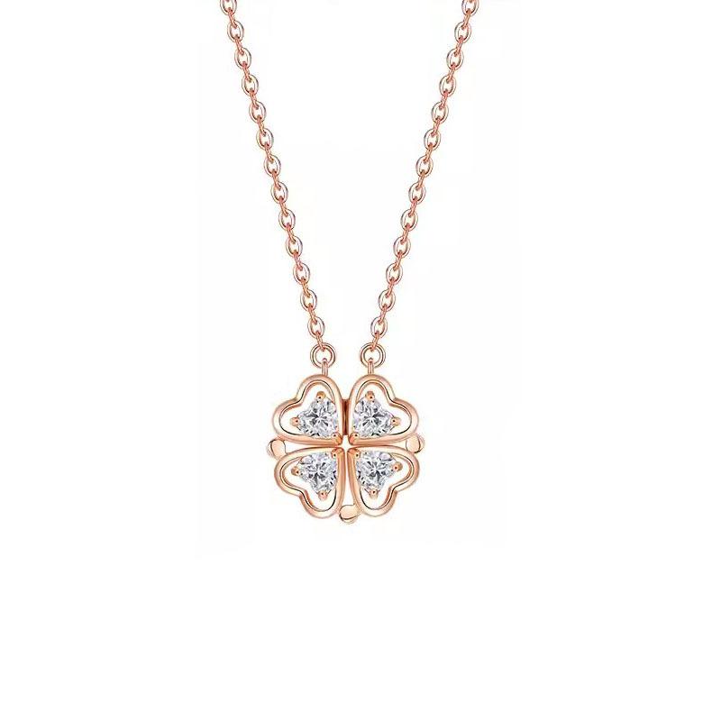 S999 Foot Silver Heartbeat Four-leaf Clover Necklace Women's Magnetic Clavicle Chain Light Luxury Niche Design Birthday Gift for Girlfriend