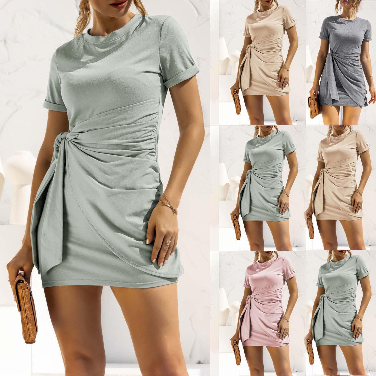 

Женское платье с круглым вырезом с коротким рукавом повседневная повязка сплошная туника мини-платье