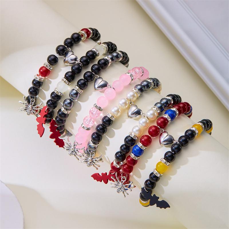 2Pcs/set Halloween Spider Bat Couple Bracelets For Women Men Heart Magnetic Matching Bangle Stone Crystal Beads Bracelet Jewelry