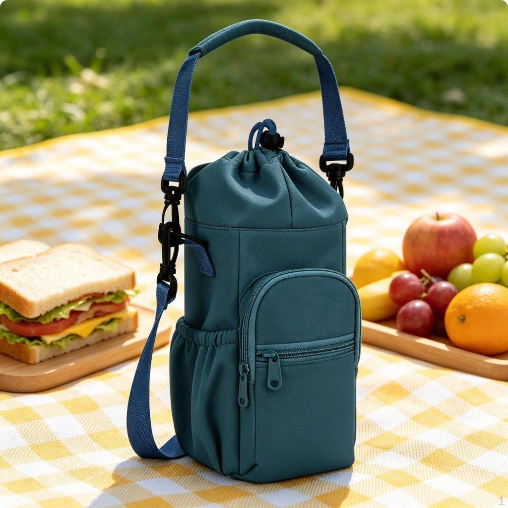 Insulated Water Bottle Bag Hands Shoulder Zip Compartment Pocket Black