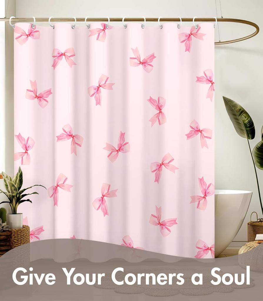 Tenda da Doccia con Fantasia di Fiocchi Rosa 160X180Cm Carina Femminile Decorazione Bagno Tende da Bagno Dolce Colore Pastello
