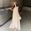 Seaside Travel Wear Apricot Neck Sling Dress Women's Summer Seaside Vacation Wind Irregular Beach Long Skirt