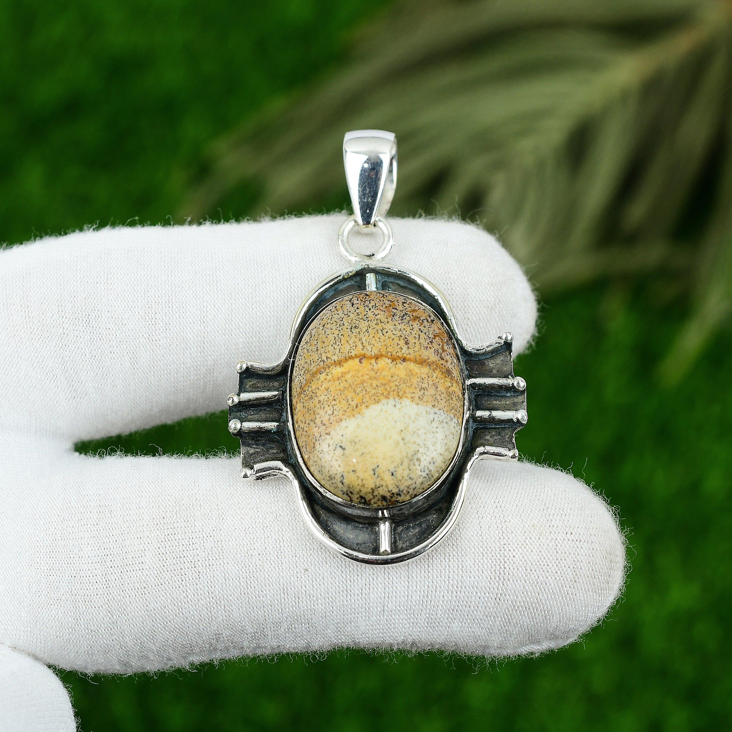 

Sterling Silver Picture Jasper Gemstone Handcrafted Birthday Bezel Wife Pendant