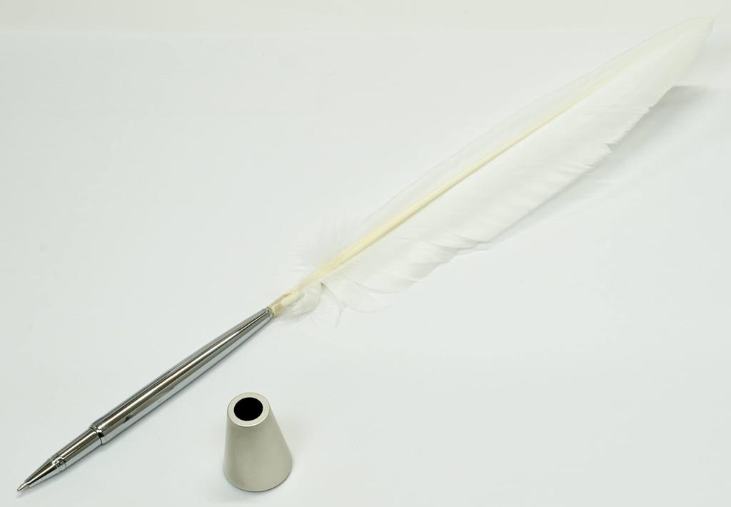 2 Set Pack Japanese Processed Turkey Feather Brass Disc Pen Brasda Cap Pen Stand White Feather + Q-S1P2WT-2-W