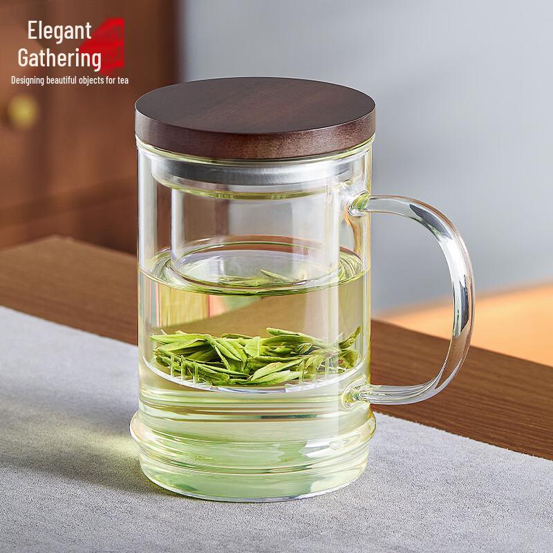 Yaji Ink Bamboo Thickened Glass Tea Infuser Cup with Wooden Lid