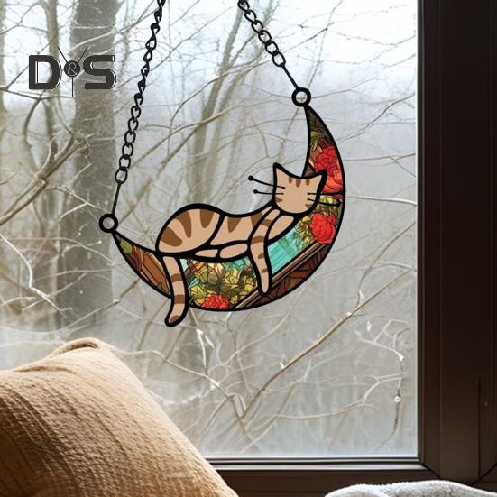 Cat Sleeping On Moon Hanging Decoration Living Room Wall Window Hanging Stained Glass Cartoon Kitten Suncatcher Colorful Acrylic Ornament Pendant