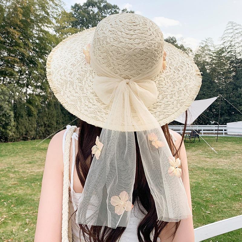 Summer Bow Sun Hat Female, Seaside Beach Vacation Sun Hat Outdoor Big Brim Sun Hat Sweet Straw Hat