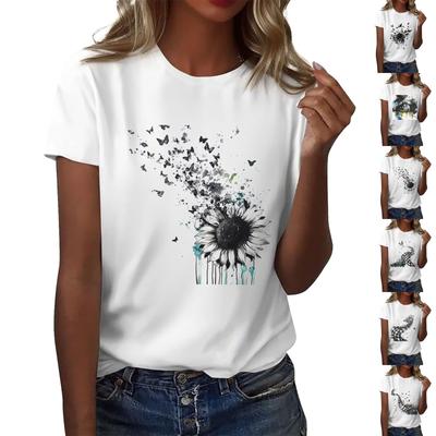 Camiseta feminina casual estampada de manga curta com decote redondo