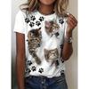 Women's round-neck T-shirt with a cat pattern print
