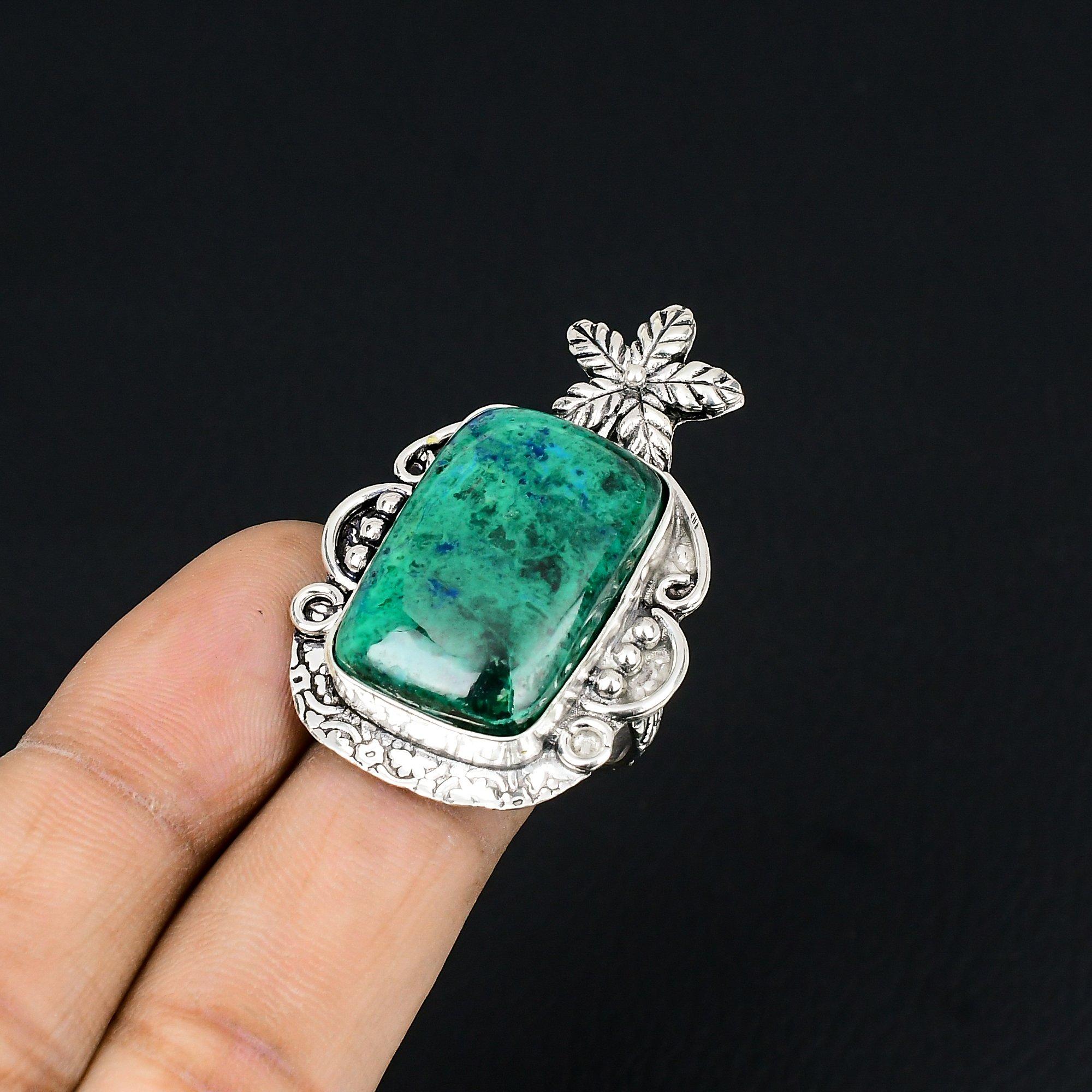 

Natural Malachite Gemstone 925 Silver Solitaire Flower Ring Size 8.5 For Women 8.5