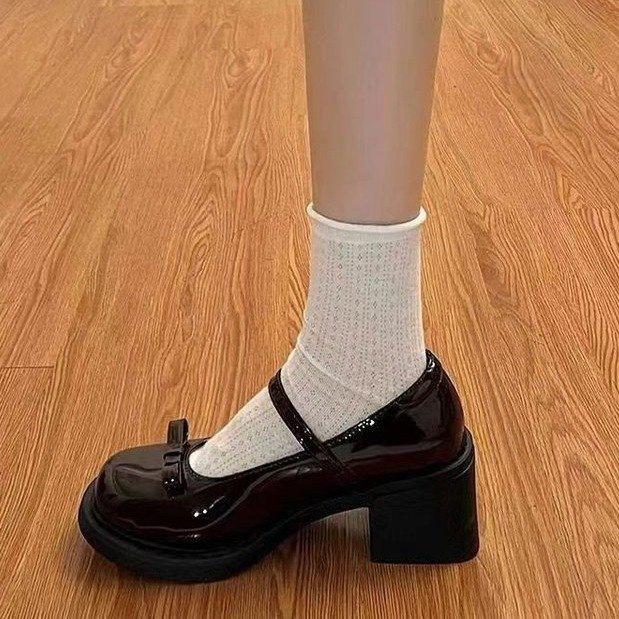 Bow One-word Buckle with Mary Jane Shoes Women's 2025 Spring and Summer New Thick Heel Retro British Style French Small Leather Shoes