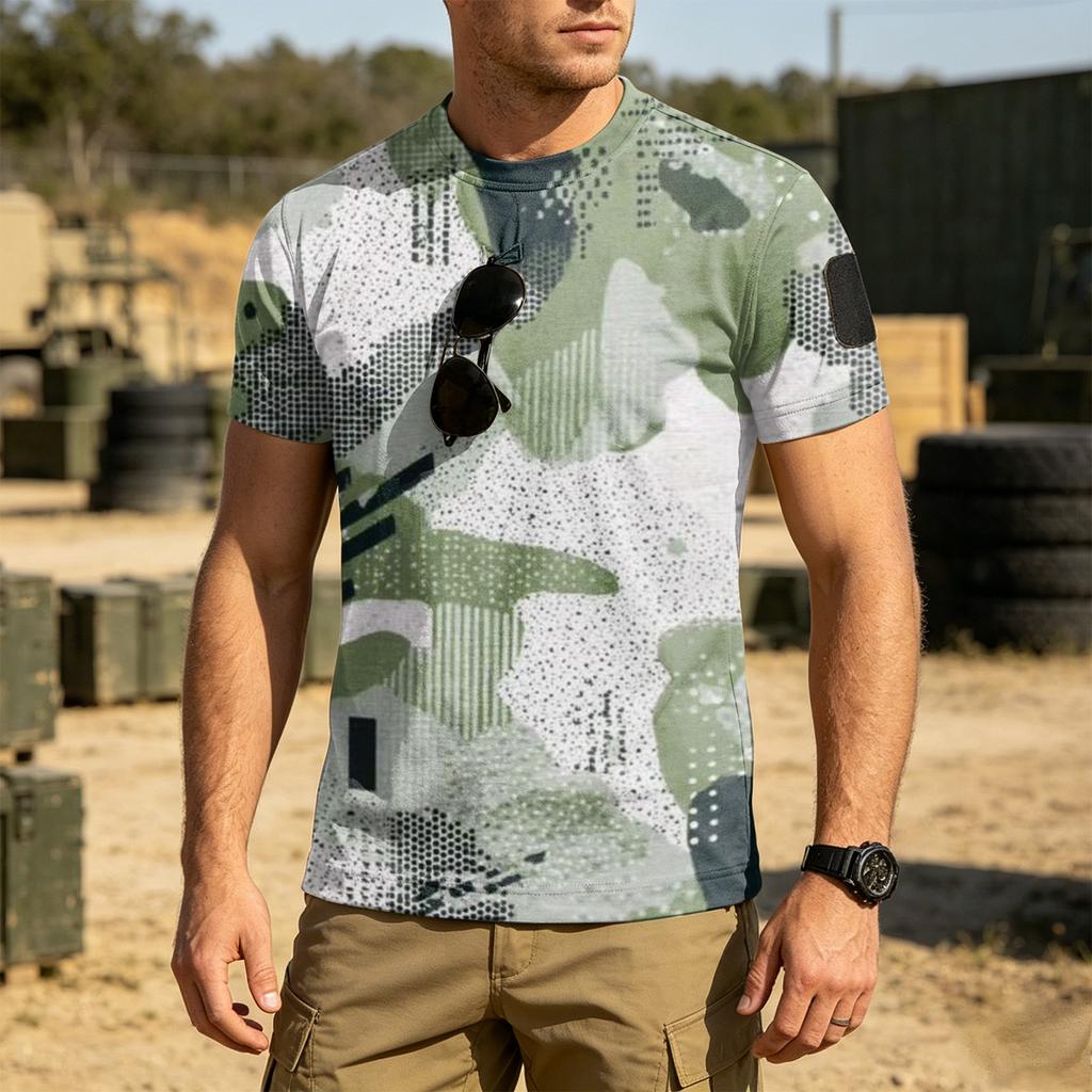 Men's Tactical Outdoor Quick Dry T Shirt Loose Fit Breathable Crew Neck Camouflage Print with Hook and Loop Patch Area for Sleeve