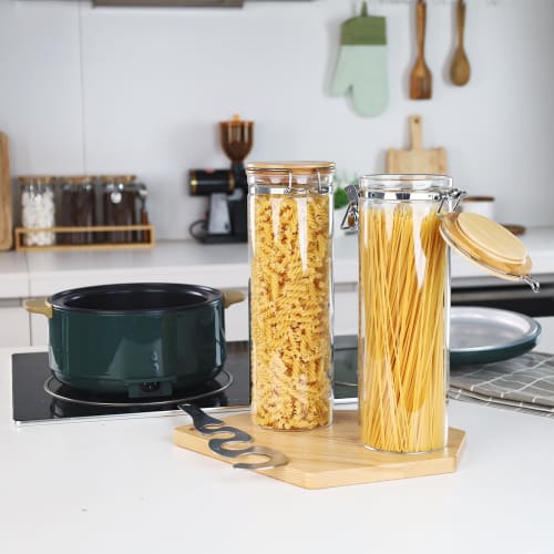 KKC Pasta Storage Container, Glass Pasta Case, Airtight Pasta Canister, Pasta and Noodle Storage Container with Glass and Bamboo Lid, 2000ml