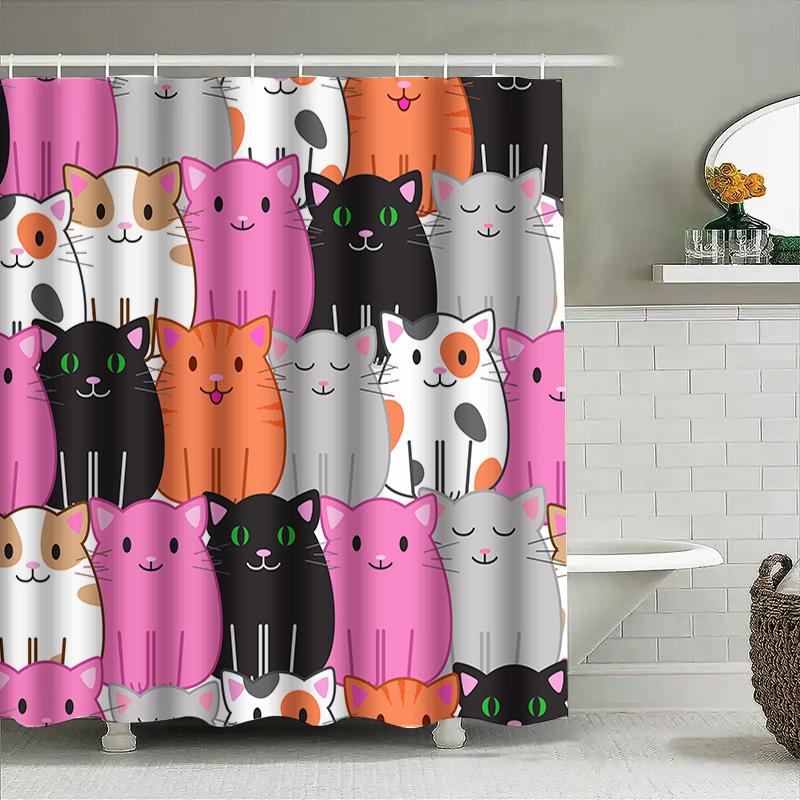Whimsical Cat Shower Curtain Set Black Pink Orange White Colorful Cartoon Cat Print Bathroom Decor Hanging Shower Curtains Water