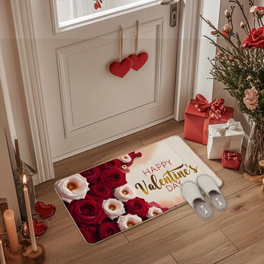 Soft Valentine Day Floor Mat Weaving Texture Rose Door Mat Romantic Heart Anti Slip Mat  Entryway