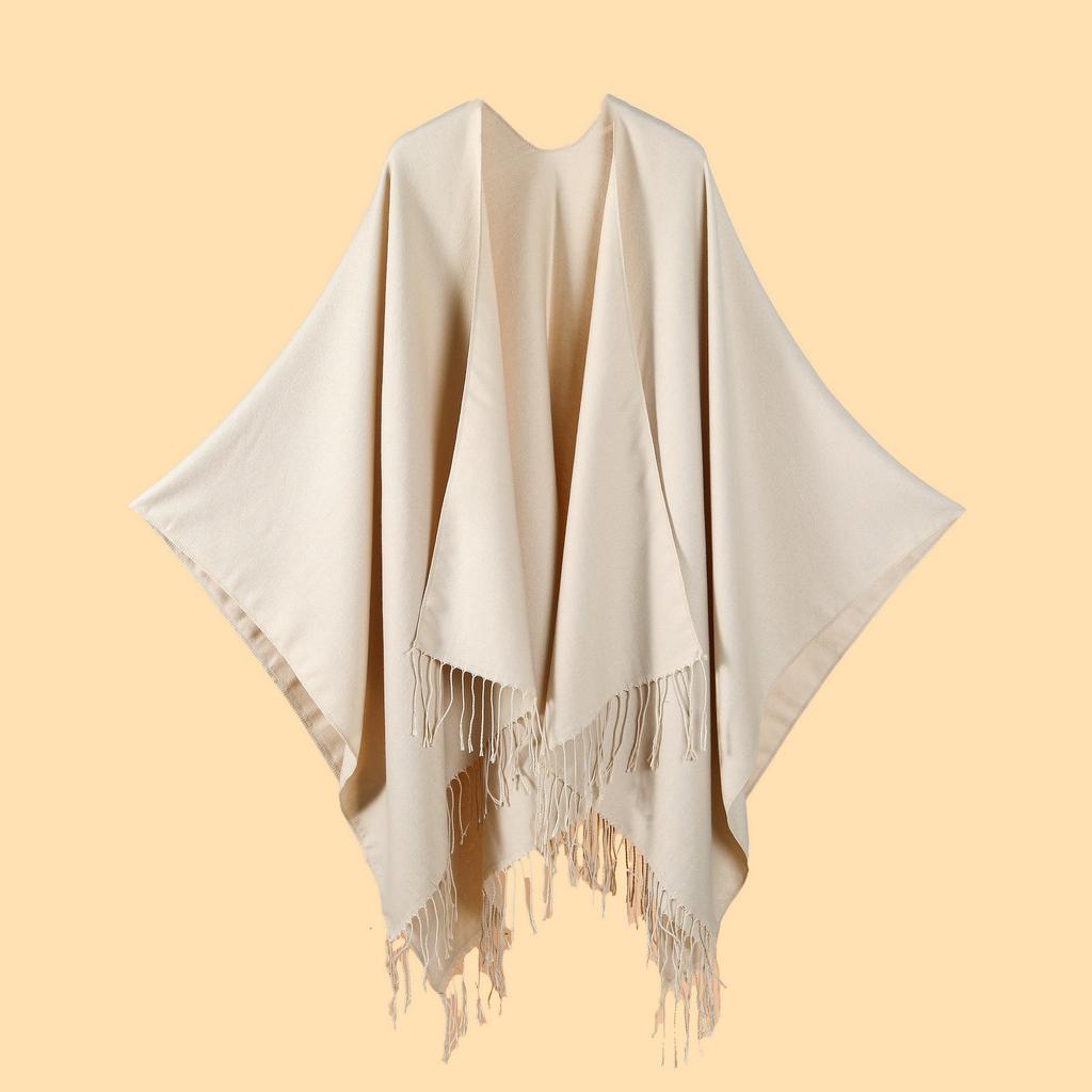 Ladies' Classic Monochrome Tassel Slit Shawl Scarf, Imitation Cashmere Knitted Cardigan