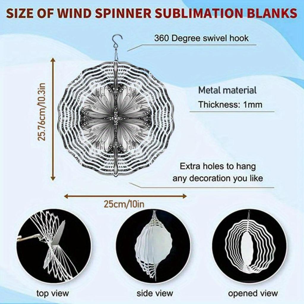 1pc Black and White Hand-Painted Mandala Rotating Wind Chime - Intricate Metal Design for All-Season Garden