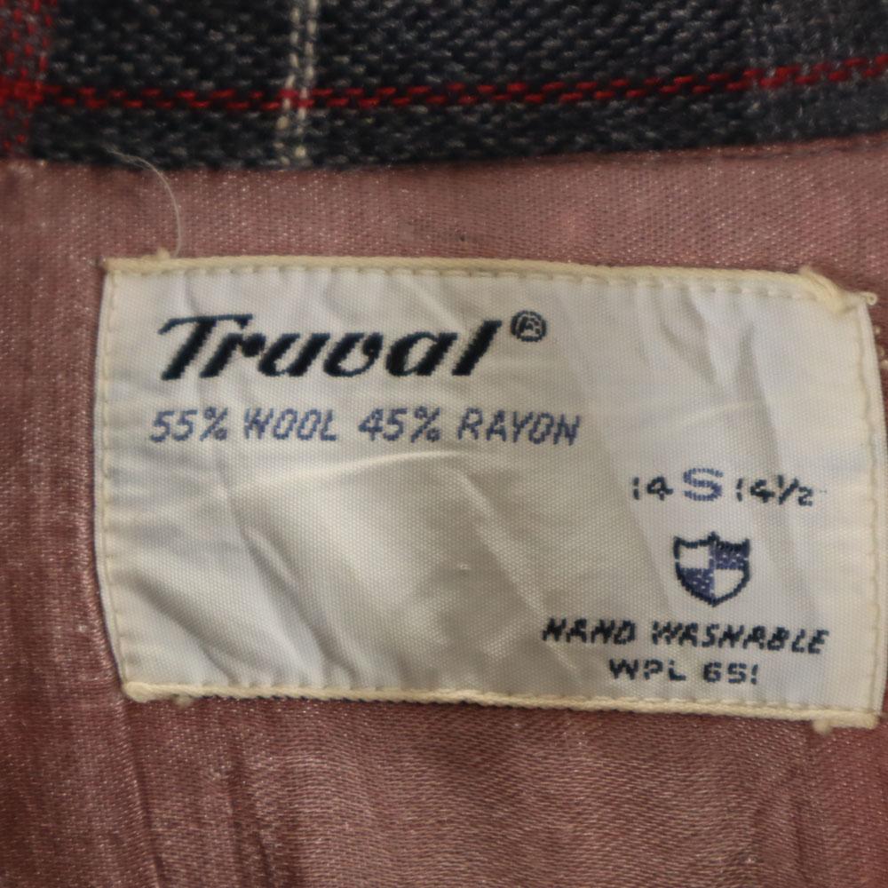 Truval 50s 60s Open Collar Vintage Box Silhouette Rayon Check Pattern Long Sleeve Open Collar Shirt Men's Used