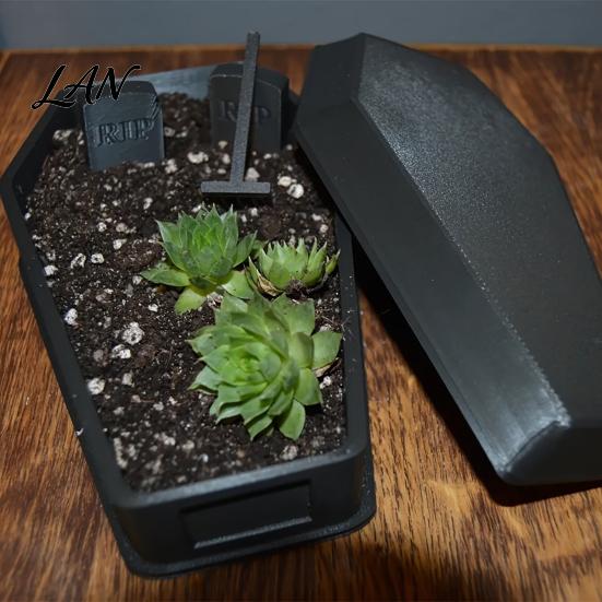 Creative Desktop Ornaments Gothic Casket Flower Pot, Include Tombstone And Rake Accessories, Creepy Garden Figurines Unique 3D Printed Plant Container
