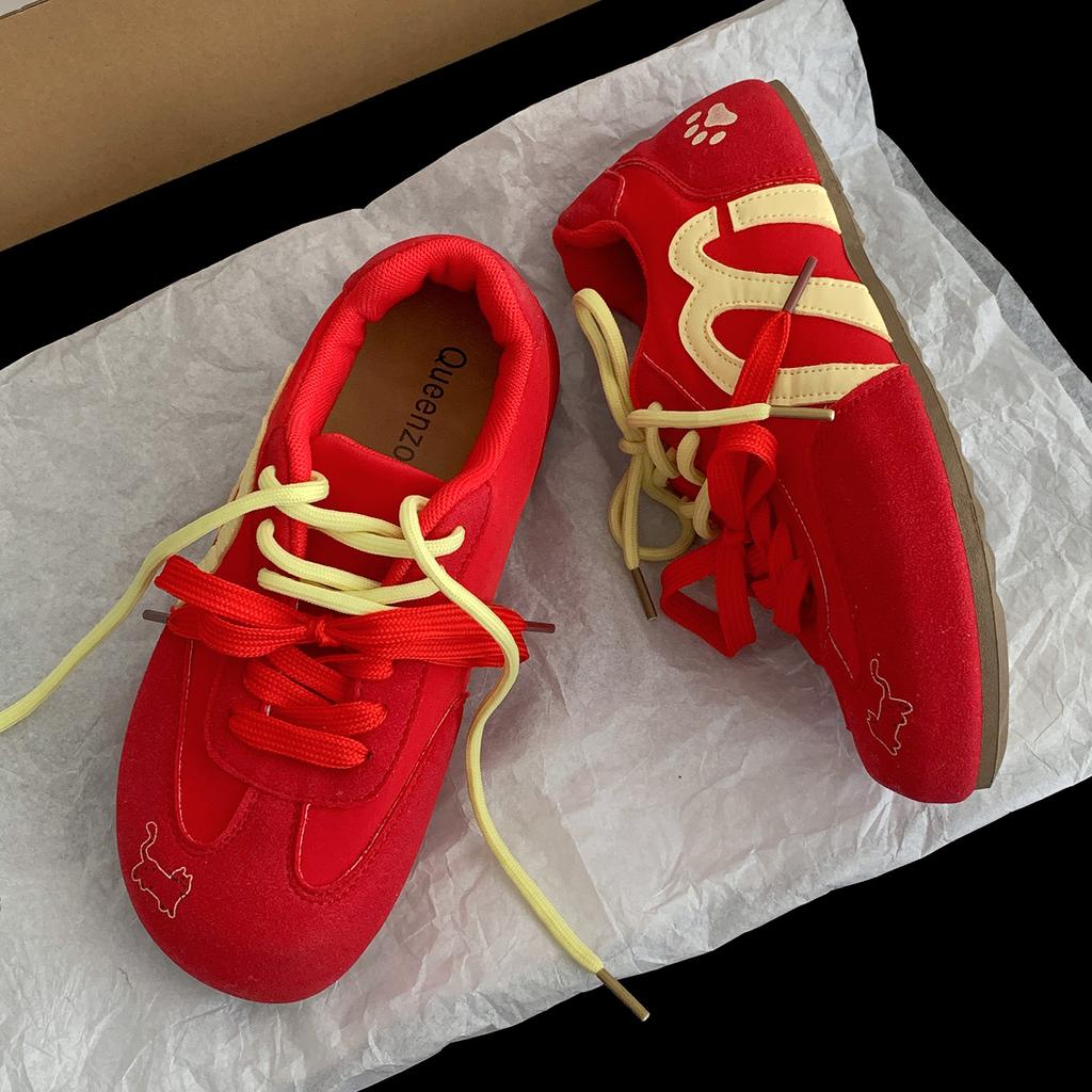 Trendy American Red Retro Flat-bottomed Inner Height-increasing German Training Shoes Women's 2025 New Summer Versatile Soft-soled Casual Shoes