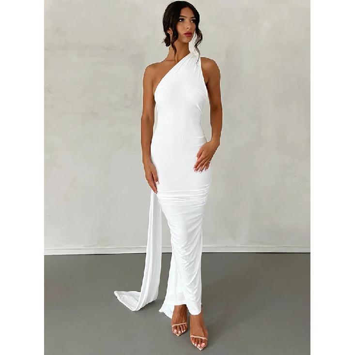 One Shoulder Rückenfrei Verstellbarer Schal Loop Gerafftes Sexy Maxikleid Damen Elegant Y2K Streetwear Festival Outfit