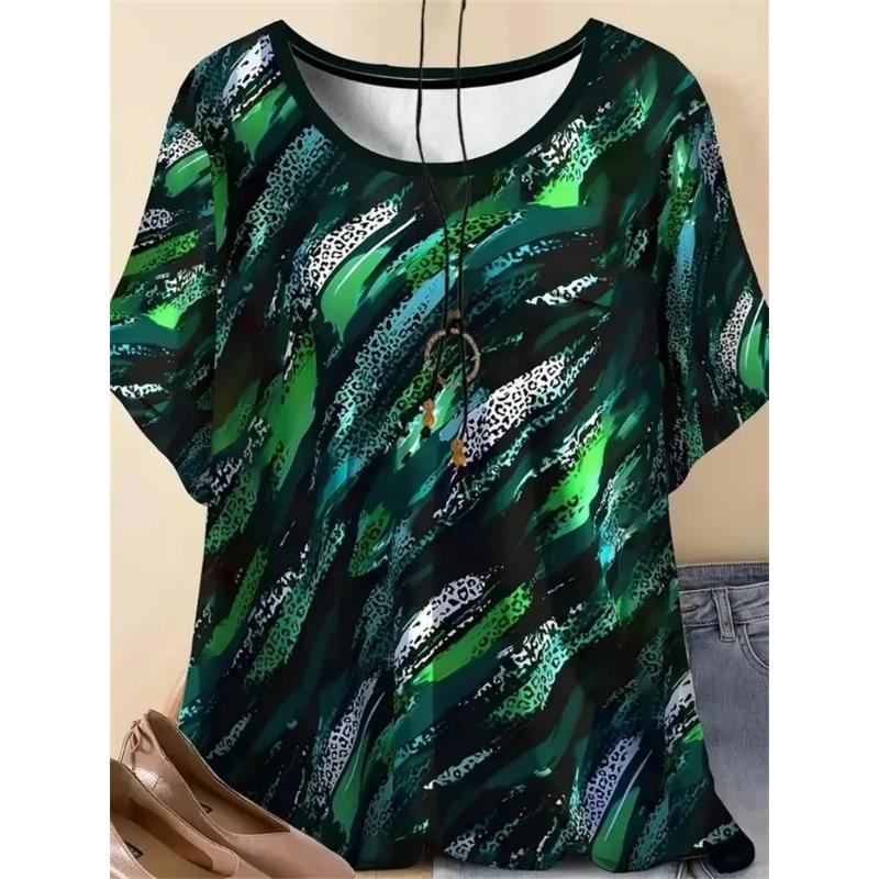 Fashion Women's Crew Neck Short Sleeve 3D Color Printing Striped Short Sleeve Crew Neck T-Shirt