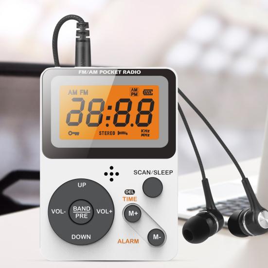מקלט רדיו נייד שעון מעורר מסך LCD כפול סטריאו צליל עם אוזניות רדיו AM FM בגודל כיס