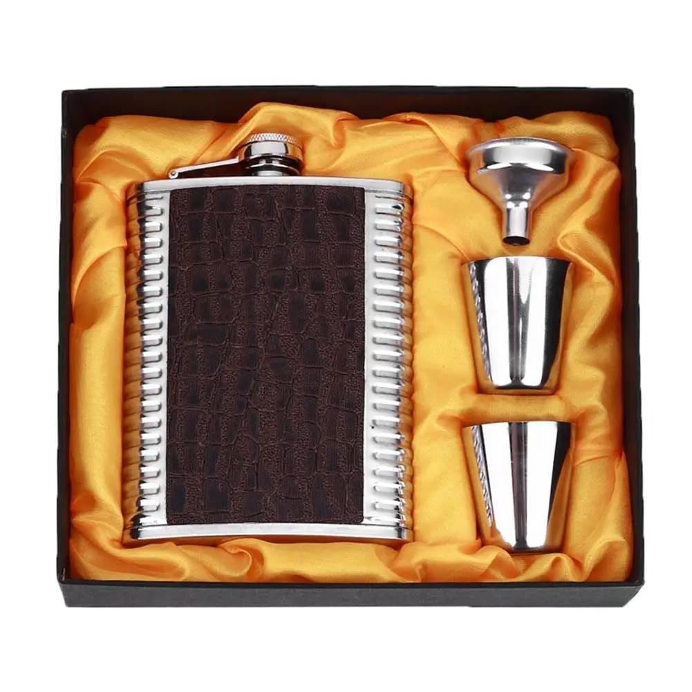 8oz Leather Stainless Steel Hip Flask Set Whiskey Flagon With Funnel Cups Alcohol Liquor Wine Bottle Portable Pocket Flask New 8oz Brown Set