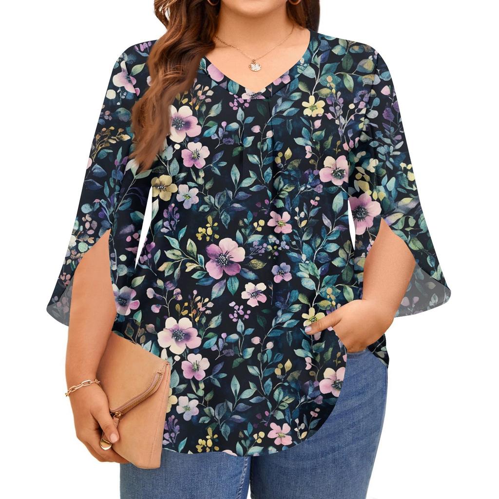 Damen Druck V-Ausschnitt Übergröße Tops 3/4 Ärmel Elegante Hemd-Tops