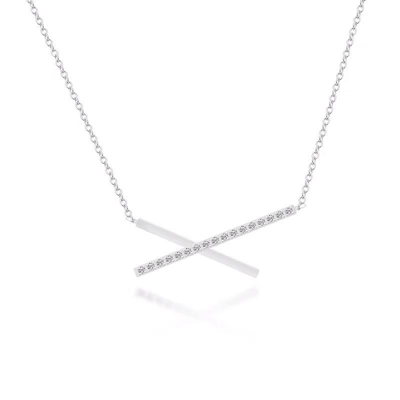 Beixi S925 Sterling Silver Women's Crossed Lines Necklace with Rhinestones - Japanese Style Fashion Clavicle Jewelry.