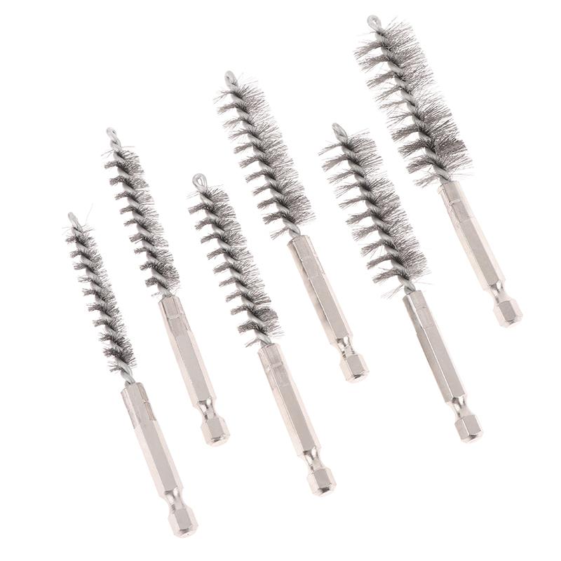 6 Pcs Stainless Steel Pipe Cleaning Brush Set 1/4" Hexagonal Bar Twisted Wire Hole Brush Cleaning Brush Bristle Wire Brush Hole