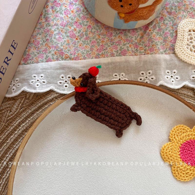 

Корейская ручная работа Вязаная заколка для волос Такса для детей - Милый мультяшный аксессуар для челки