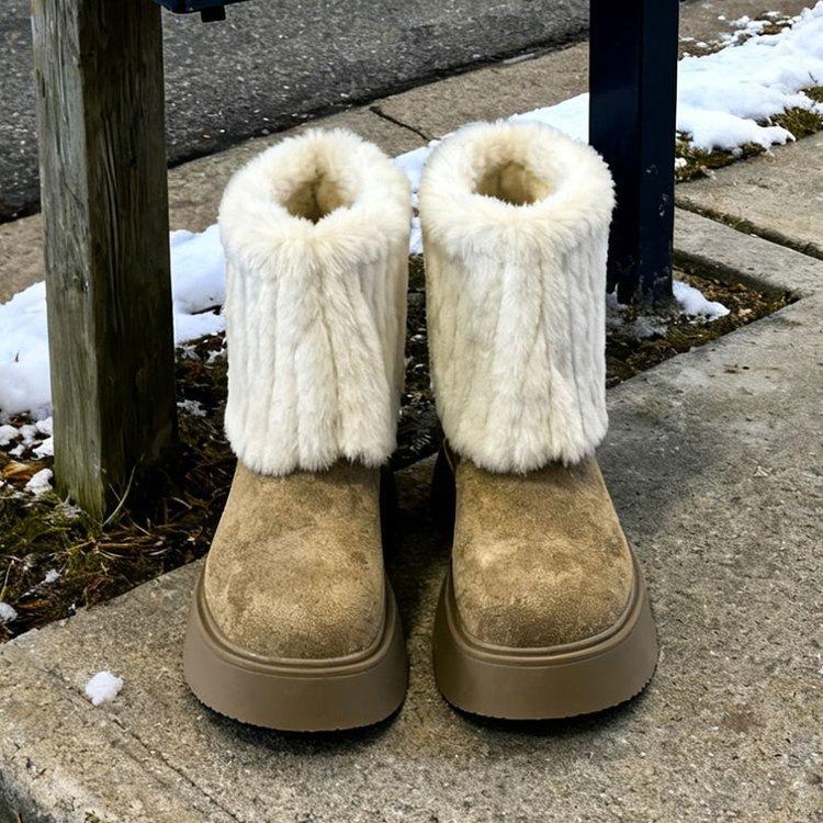 

Small man, thick-soled fluff increases, snow models, winter new short skirts, plush warm and thickened cotton shoes 35 хаки