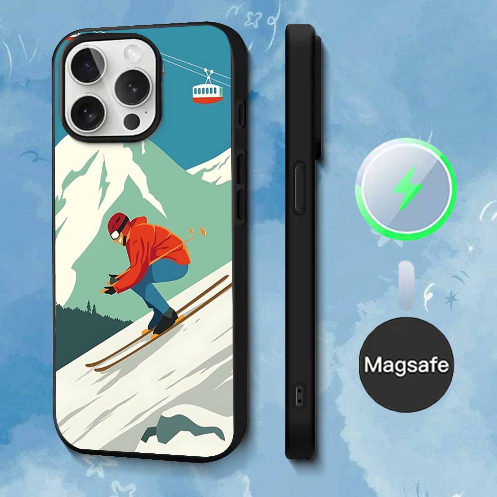 Étui de téléphone Neige Snowboard Ski Pour iPhone 17,16,15,14,13,12,11,Pro,Max,Plus,Mini,SE4,E Magnétique Magsafe Recharge sans fil