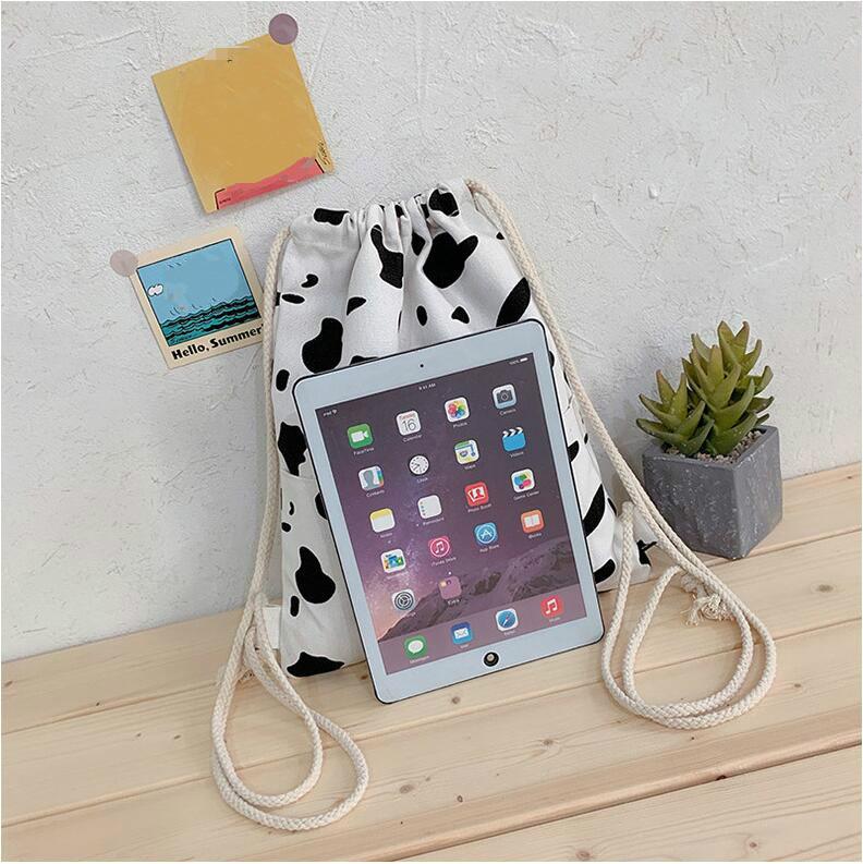 Rucsac cu gură cu șnur cu model de vacă, rucsac sport ușor pentru elevi de școală primară, bărbați și femei