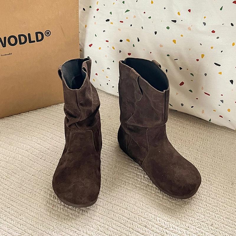 Spring Autumn Vintage Women Flats Ankle Boots Shoes Fashion Round Toe Slip On Pleated Short Booties