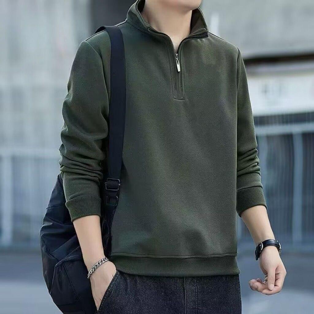 

Men s Spring & Autumn Stand Collar Patchwork Polo Shirt: Loose Fit, Plus Size, Long Sleeve, Half-Zip Hoodie Style. Large зелений