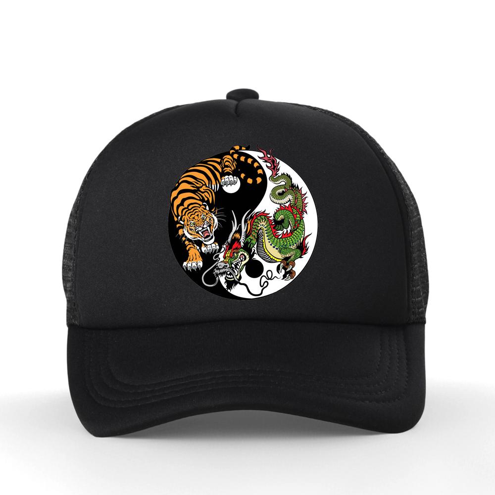 Chinese Dragon And Tiger Tattoo Print Mesh Baseball Cap Summer Adjustable Breathable Trucker Hat Fashion Casual Sun Hats