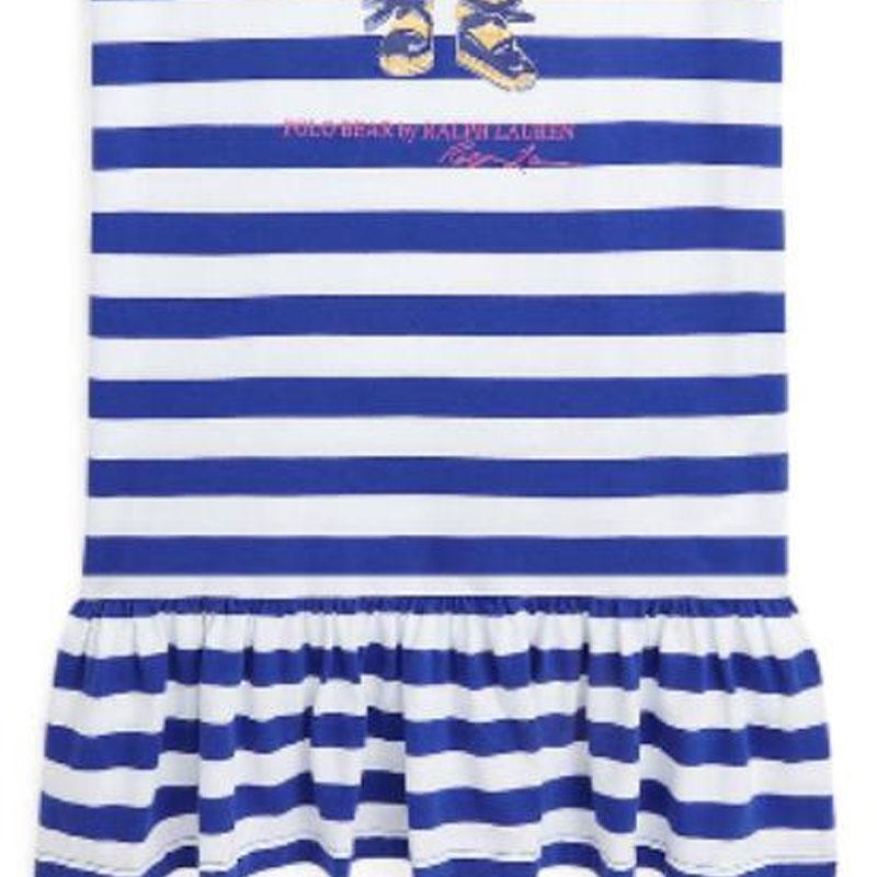 Polo Ralph Lauren Dress Kids Striped Cartoon Anime Pattern Round Neck Short Sleeve Short Kids Dress Blue White 313926019-001