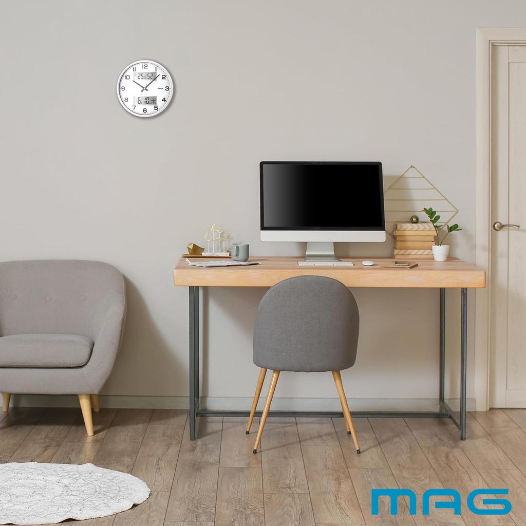 MAG Wall Clock Analog Double Post Quiet Continuous Second Hand Temperature Humidity Date Day of the Week Display White Diameter 32cm W-766WH-Z